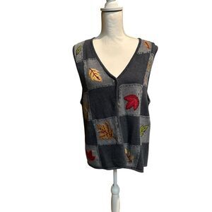 Classic Elements Women's Vintage‎ Fall Leaves Blue Sweater Vest 90's large
